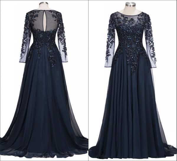 Abiti per la madre della sposa in chiffon trasparente a maniche lunghe blu navy con pietre di perline Abiti da sera formali lunghi fino al pavimento BA91351405234