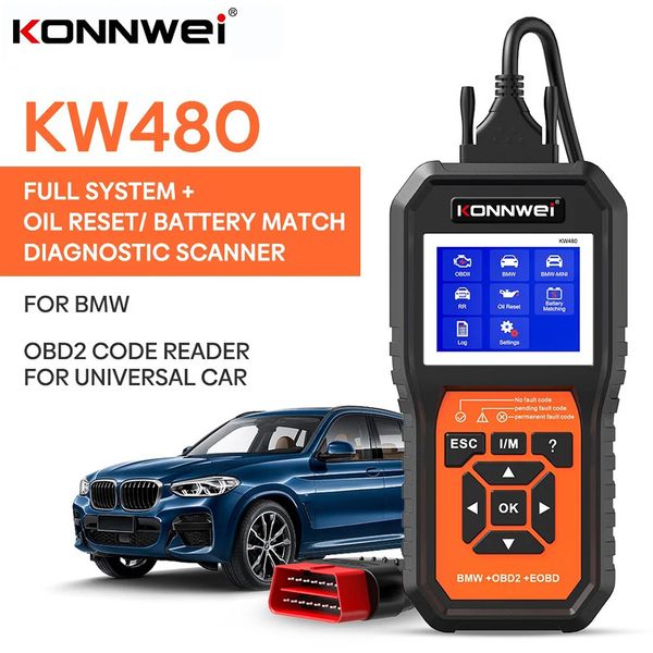 Konnwei kw480 obd2 scanner para carros bmw obd 2 abs airbag srs óleo resto sistemas completos ferramenta de diagnóstico bateria jogo e38 e46