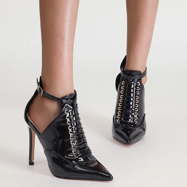Fashion Sandals 2024 Бренд Женская патентная кожаная кожа сексуальная весенняя клуб заостренные пальцы на высоких каблуках женская обувь 5838