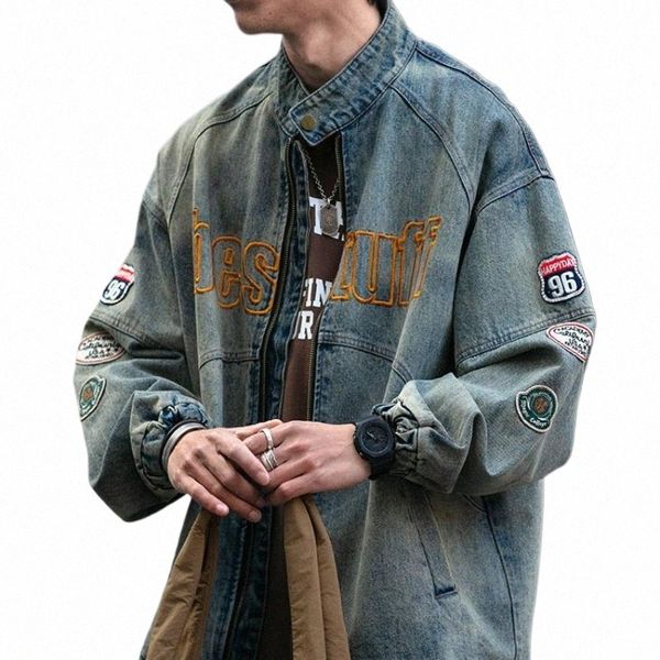 American Retro Denim Jacket Patch Bordado Motocicleta Distred Jeans Casaco Homens High Street Workwear Zipper Stand Collar Top A2Wo #