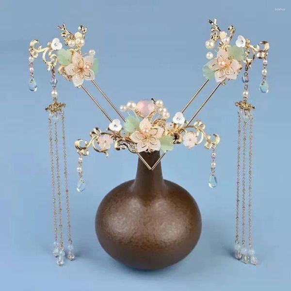 Haarschmuck, elegante Vintage-Kopfbedeckung, antike rosa Quaste, chinesischer Stil, Kopfschmuck, Kinder-Gabelkrone, antikes Stick-Set