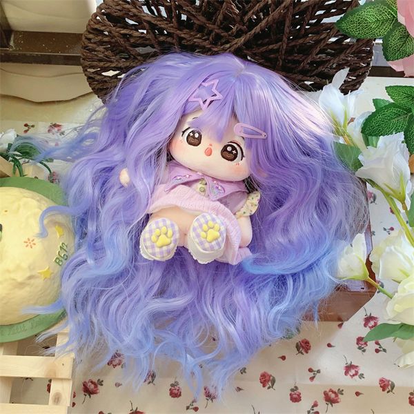 Articoli per feste Immagine reale di bambola di cotone da 20 cm viola blu coda sfumata capelli arricciati parrucca parrucche ad alta temperatura copertura parrucca lunga arricciata per cosplay cerchio testa 33-36 cm