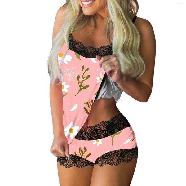 Mulheres sleepwear mulheres sexy noite veste impresso laço suspender sem mangas colete retalhos shorts casual pijama conjunto nighties seda casa