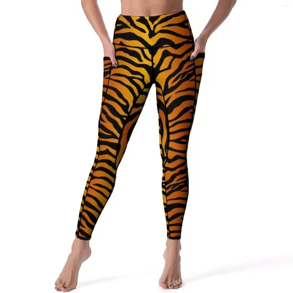 Женские леггинсы в полоску тигра, желтые штаны для йоги, сексуальные леггинсы с животным принтом и графическим принтом, леггинсы для тренировок в тренажерном зале, женские элегантные спортивные леггинсы