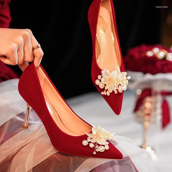 Sapatos de vestido pérola flor decoração vermelho casamento baile mulheres salto alto salto alto temperamento festa moda sexy senhoras bombas