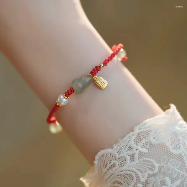 Filo 2 pezzi Dongling Giada Zucca Hetian Perla Fortuna Marchio Anno Compleanno Bracciale in corda rossa Regalo Premium Sense