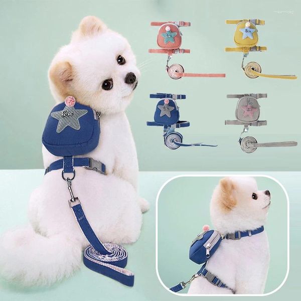 Transportador de cães bonito animal de estimação auto transportar mochila saco de armazenamento portátil com trela pequeno arnês e conjunto acessórios para cães ao ar livre