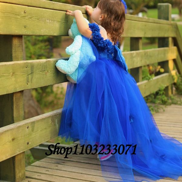 Royal Blue Flor Bebê Menina Vestido Trem Frisado Arco Crianças Princesa Meninas Casamento Aniversário Primeira Comunhão Festa 240312