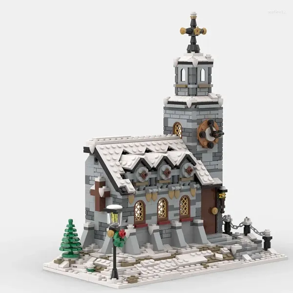 Statuette decorative Winter Village Church Building Block Kit City Street Snow House Architettura modulare Modello in mattoni Giocattolo per bambini Natale