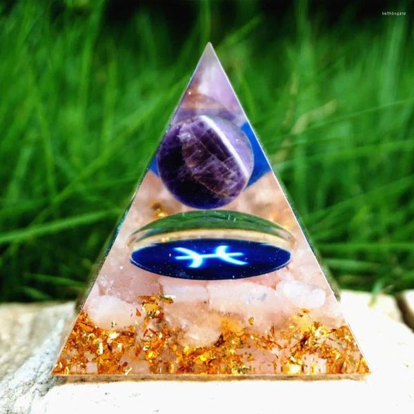 Estatuetas decorativas feitas à mão pirâmide orgonita 60mm esfera de ametista do zodíaco com cristal rosa quartzo cura reiki orgone chakra emf