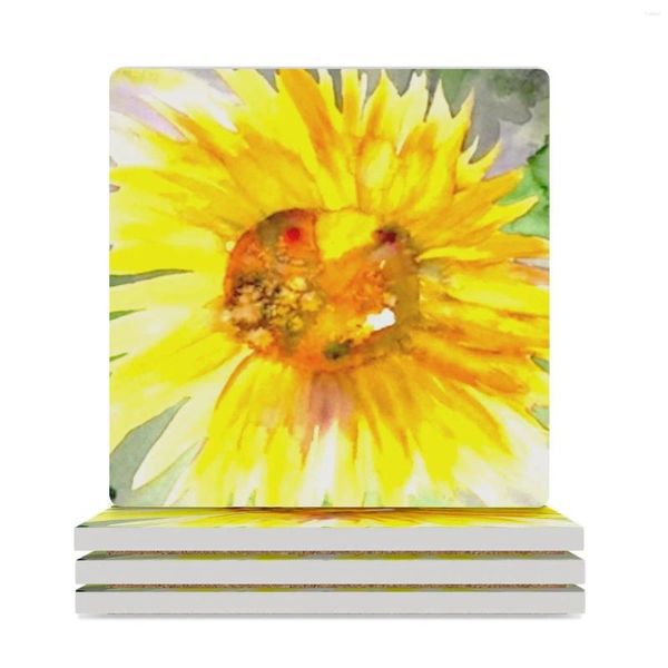Set sottobicchieri in ceramica Sunny Sunflower (quadrato) con supporto per tazze