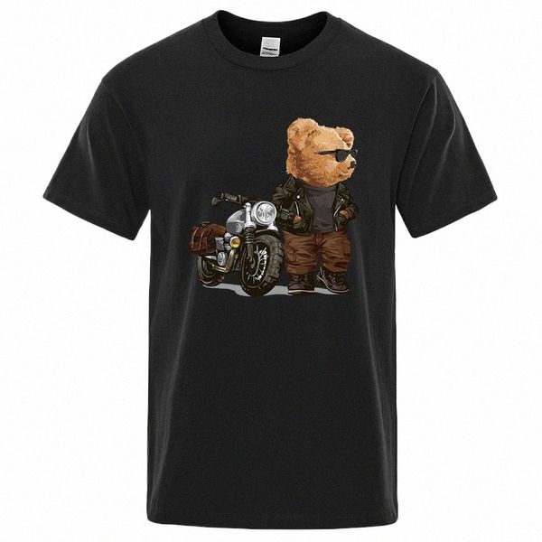 Motocicleta Teddy Bear vestindo óculos de sol T Shirt Homens Mulheres Engraçado Tee Roupas Cott Oversized Tops Hip Hop Loose Casual T-Shirt b5wS #