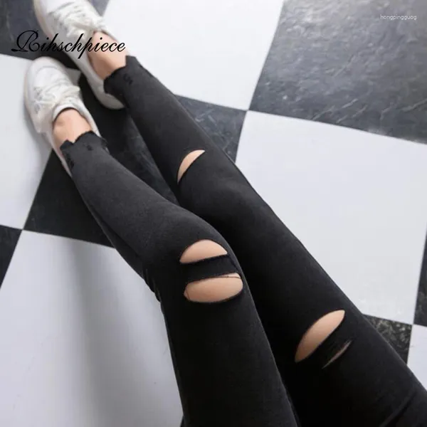 Leggings femininas rihschpiece primavera plus size 6xl calças femininas rasgadas preto punk jeggings cintura alta legging calças finas rzf1570