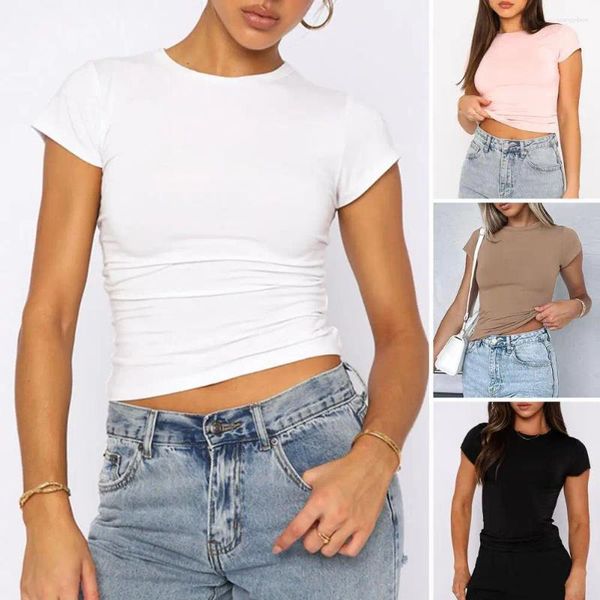 Blusas femininas de cor sólida blusa elegante verão camiseta coleção em torno do pescoço manga curta pulôver topos fino ajuste para streetwear