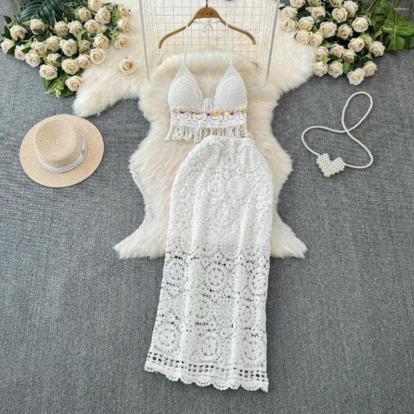 Abiti da lavoro ALPHALMODA 2024 Bohemian Travel Vacation Style Summer Strap Crochet Vest Pattern Gonna Donna Elegante abito da spiaggia