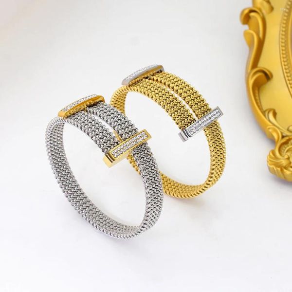 Bracciale rigido personalizzato da donna intrecciato in acciaio inossidabile 304L, tessuto moda PVD placcato oro impermeabile
