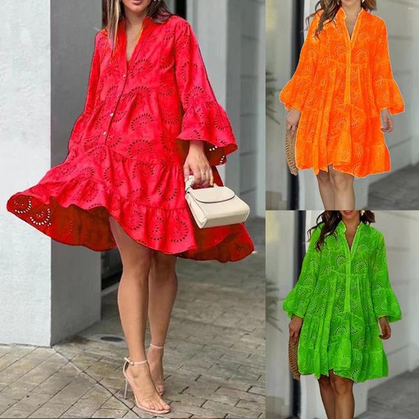 Vestidos casuais verão v pescoço vestido de cor sólida solto bordado renda boho maxi manga longa algodão para mulheres elegante robe