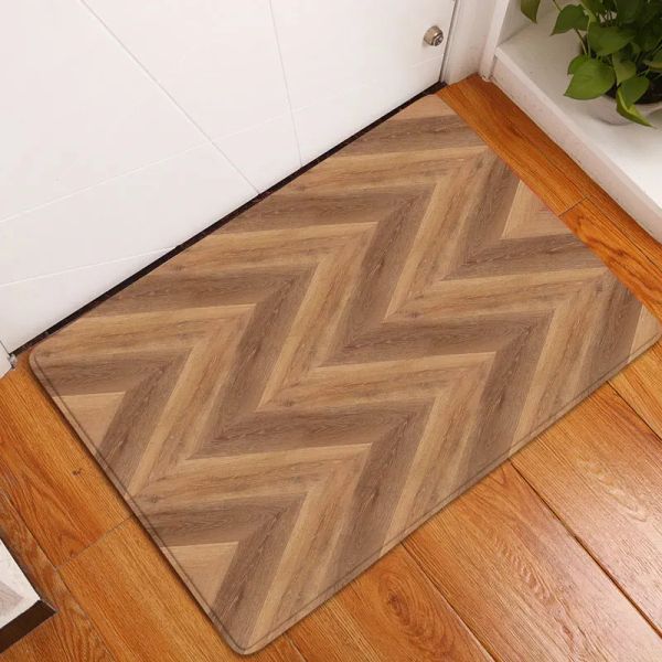 Matten Retro Holzplanke Badezimmermatte Altbraun Gestreifte Textur Geometrische Rutschfester Teppich Flanell Bodendekor Bad Küche Eingangsteppiche