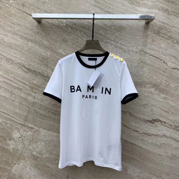 Balma İlkbahar/Yaz Yeni Altın Omuz Düğmesi Basılı Kısa Kollu Yuvarlak Boyun T-Shirt Taze ve Şık Eşsiz Patchwork Renk Tasarım Boyutu S M L