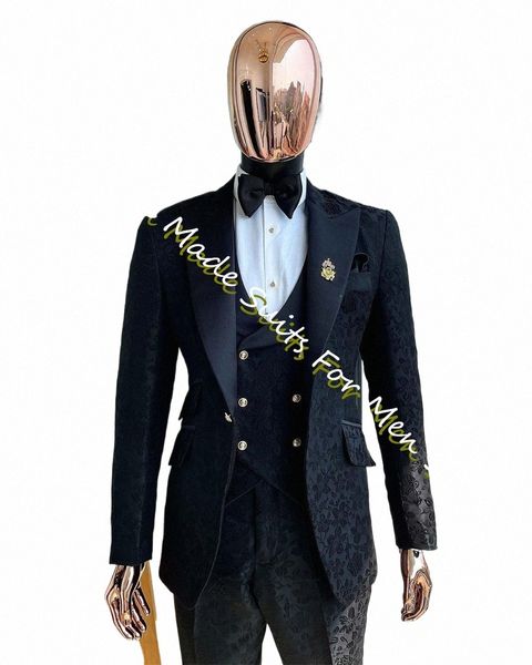 Completo da uomo nero in tre pezzi Completo da giacca jacquard Blazer da uomo slim fit Abbigliamento formale di lusso per smoking da sposo 0851 #