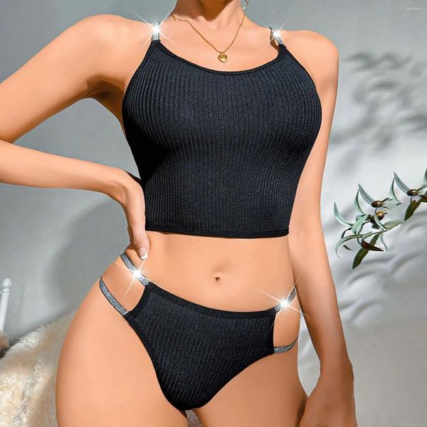 Conjuntos de sutiãs senhoras cor sólida roupa sutiã conjunto de tricô ajustável lingerie erótica feminina íntima strass corpo sleepwear para mulheres