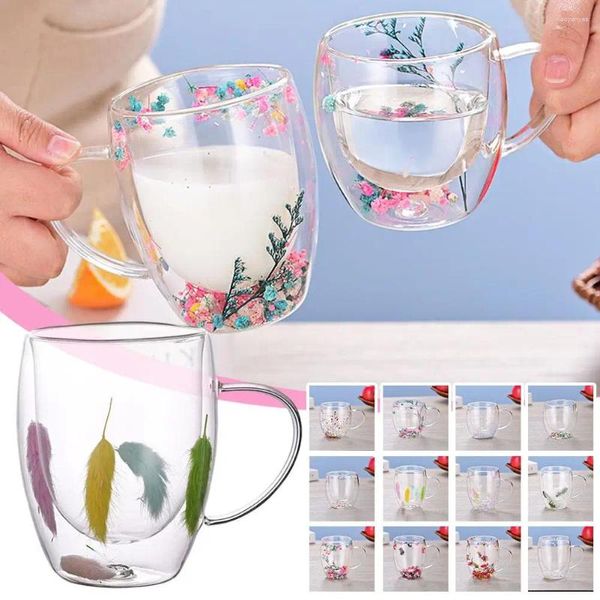 Bicchieri da vino Tazza in vetro a doppia parete Fiore reale Riempitore per conchiglia Regalo per il latte Tazze per tè resistenti al calore Tazze da caffè Han K7o3