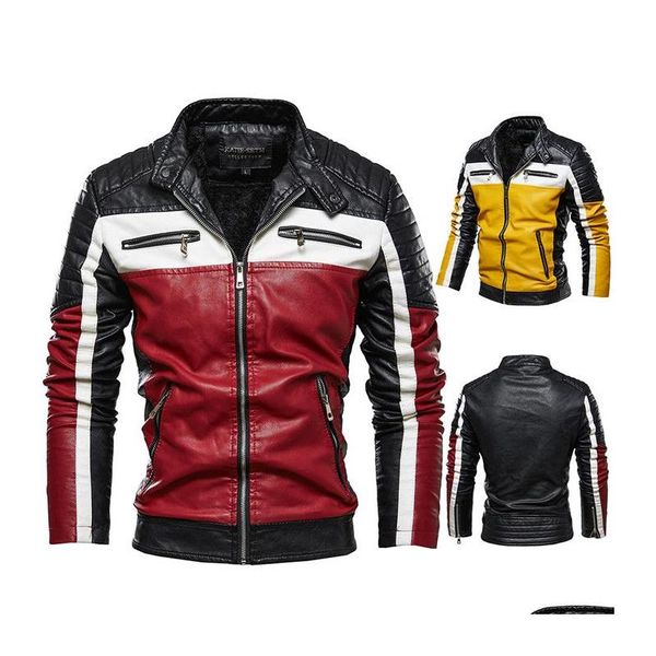 Herrenjacken Herrenmode High Street Rot Gelb Farblich passende Lederjacke Motorrad Streetwear Casual Outwear Drop Delivery App Dh6T4