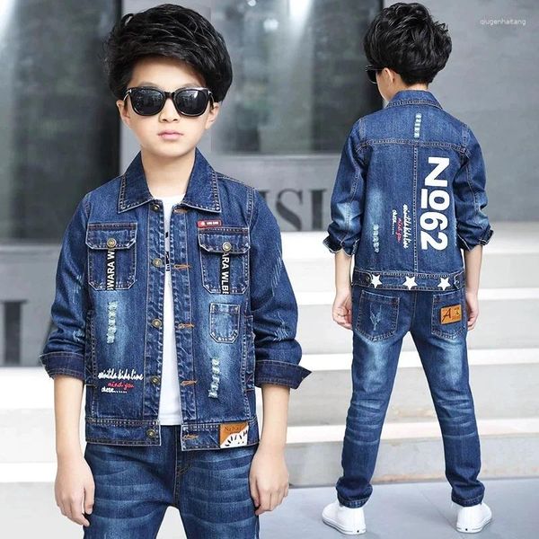 Комплекты одежды, детский весенний костюм для мальчиков, коллекция 2024 года, корейский джинсовый комплект для двоих и осенняя детская одежда Tide