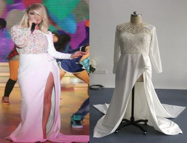 Imagens reais Nancy Ajram Side Split Vestidos de noite com mangas compridas corpete frisado Sheer Runway Celebrity Gowns6519204