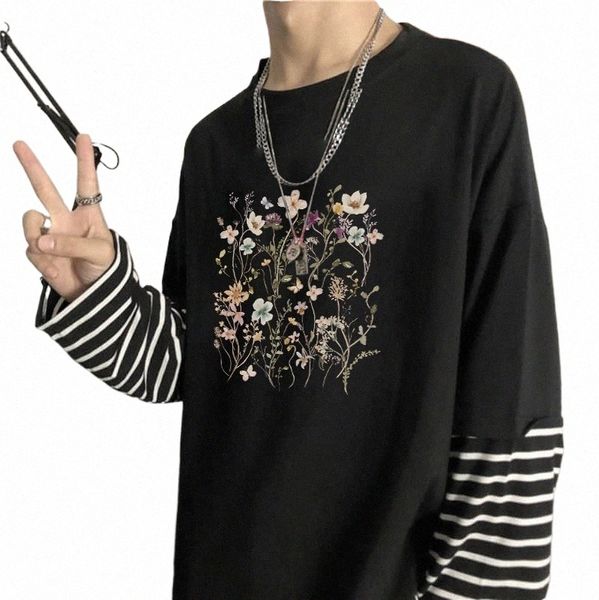 trendy Fr Manga Graphic Patchwork Magliette Uomo Donna Manica Lg Falso in due pezzi T-shirt a righe Regalo fidanzato Top Abbigliamento 847L #