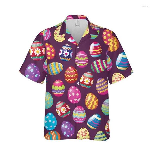 Camicie casual da uomo Buona Pasqua per uomo Stampa 3D Grafica a uovo Camicia da spiaggia hawaiana Camicette con bottoni a fumetti Top