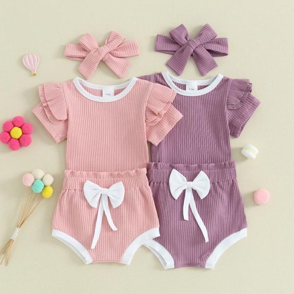Giyim setleri yaz bebek bebek kızlar kıyafetler kontrast renkleri yivli kısa kollu romper ve şort sevimli kafa bandı giysileri