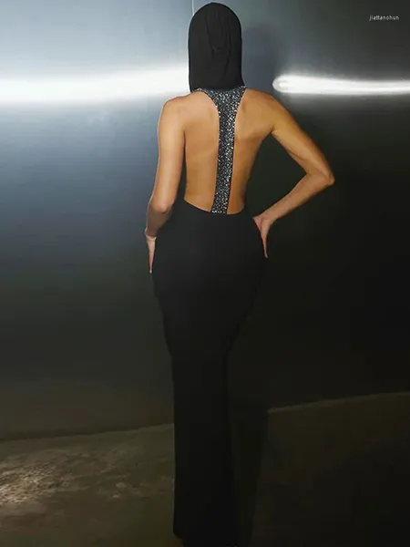 Sıradan Elbiseler İlkbahar Yaz 2024 Kapşonlu Sırtsız Seksi Parti Kulübü Bodycon Kadınlar İçin Uzun Kıyafetler Kilsiz Siyah Gece Elbise Vestido