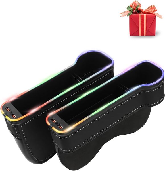 Organizadores de preenchimento de lacuna de assento de carro LED com mudança de cor Caixa de armazenamento lateral do console com porta-copos e carregadores USB para acessórios internos de carro (2 pacotes) Presentes de Natal