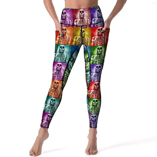 Leggings femininas esqueleto colorido sexy arte impressão push up calças de yoga novidade elástica leggins feminino personalizado trabalhar fora esporte legging