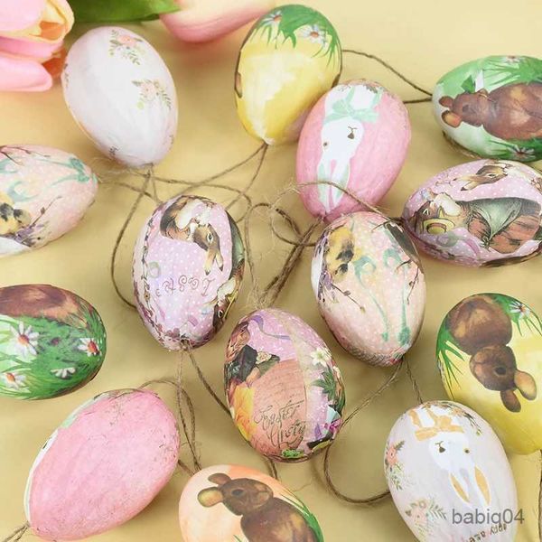 Cestini portaoggetti 6 pezzi Uova di Pasqua colorate Coniglio cartone animato Uovo dipinto con cesto intrecciato Coniglietto ornamento appeso Bambini Buona Pasqua Decorazioni per la casa