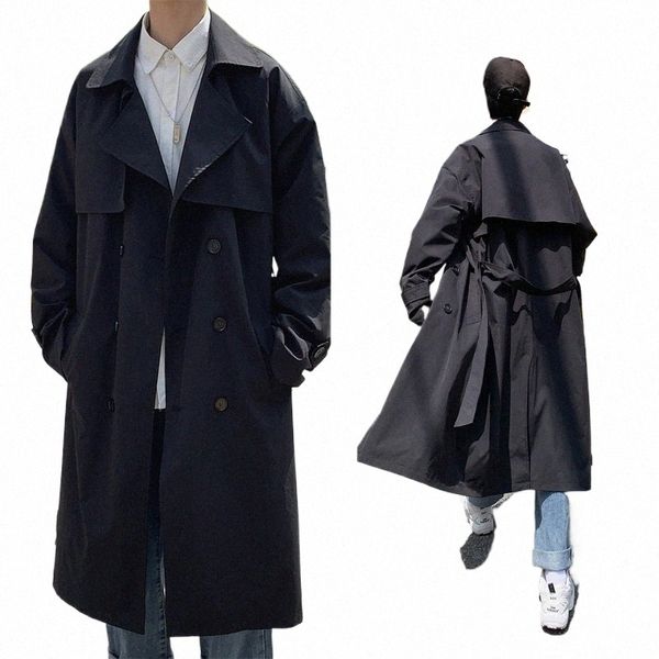 stile coreano primavera trench maschile streetwear giacca a vento trench uomo solido busin casual allentato lg soprabito Y85S #