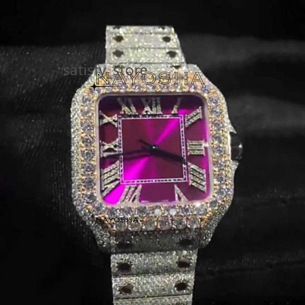 Mostrador quadrado rosa de alta qualidade feito à mão personalizado totalmente gelado hip hop moissanite feminino relógio de diamante para exportação indiana