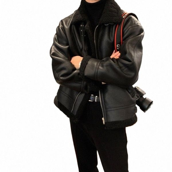 Зимняя куртка мужская теплая утолщенная кожаная куртка мужская уличная одежда корейское свободное короткое пальто мужские толстые куртки из овечьей шерсти F5c5 #
