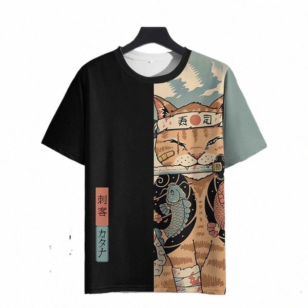 Unissex 2024 T Shirt Homens Mulheres Japonês Samurai Cat 3D Impresso Camisetas Para Casual Fi Camisa Engraçada Top Tee Roupas Masculinas v0Su #