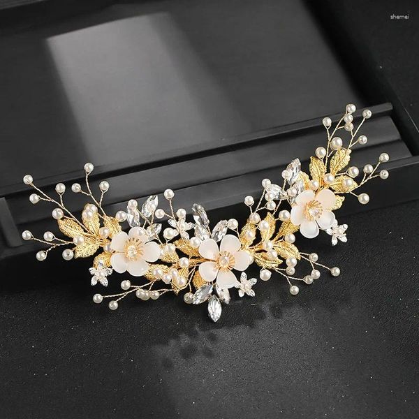 Grampos de cabelo cor de ouro bandana cristal pérola strass tiara folha flor pente para mulheres acessórios de casamento nupcial jóias banda