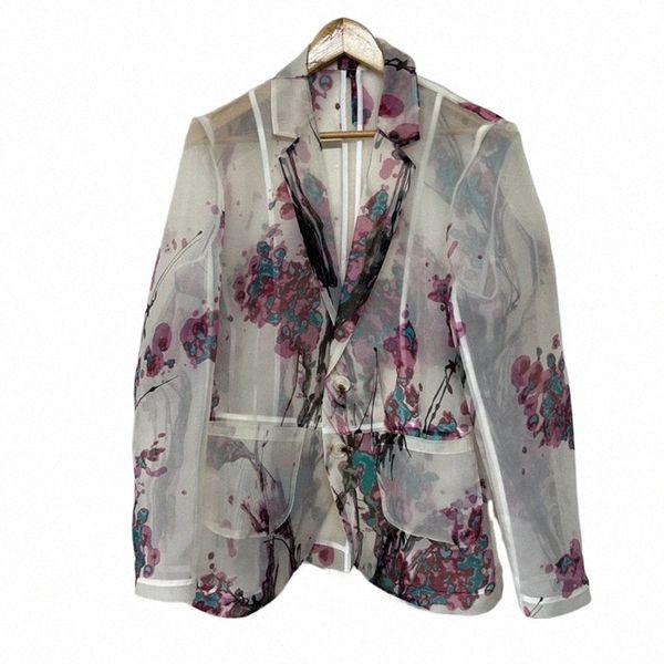 Pfhq Herren-Anzugsmantel, elegant, frischer Pflaumenblütendruck, Perspektive, Organza, Designer, China-Chic, Herbst, neuer Blazer, Mantel 21Z2118 88Py #