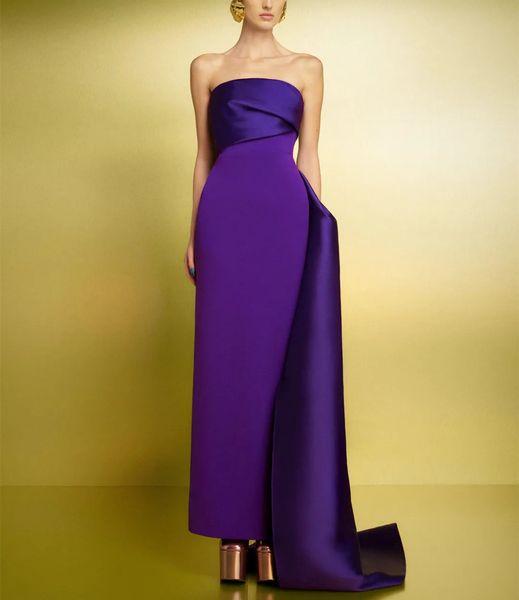 Vestidos de noite muçulmana de crepe púrpura longos vintage com bainha de fenda de cetim, comprimento do tornozelo, vestidos de baile de varanda para mulheres