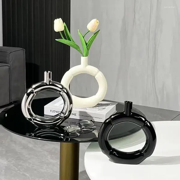 Vasos nórdico vaso de cerâmica circular oco vaso de flores para casa escritório sala de estar interior acessórios de decoração de mesa