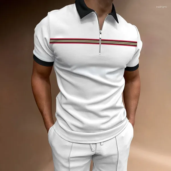 Мужские поло 2024, летние полосатые лоскутные рубашки на молнии в тон, модная рубашка поло, дизайн высокого качества с короткими рукавами