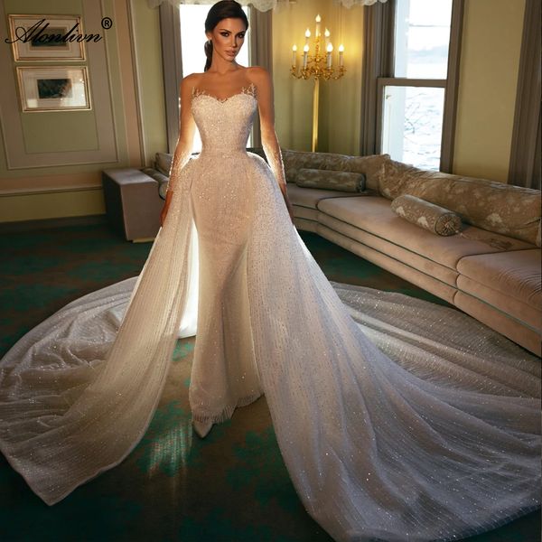 2024 Lussuoso pizzo scintillante collo trasparente 2 in 1 abiti da sposa a sirena treno rimovibile perline pizzo illusione maniche tromba abiti da sposa