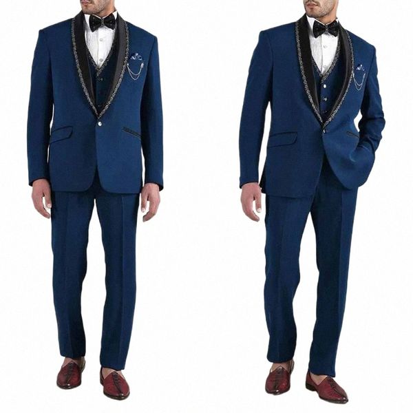 Ternos formais de casamento para o noivo azul 3 peças jaqueta calças colete único breasted xale lapela formal festa à noite conjunto de roupas masculinas j8WV #