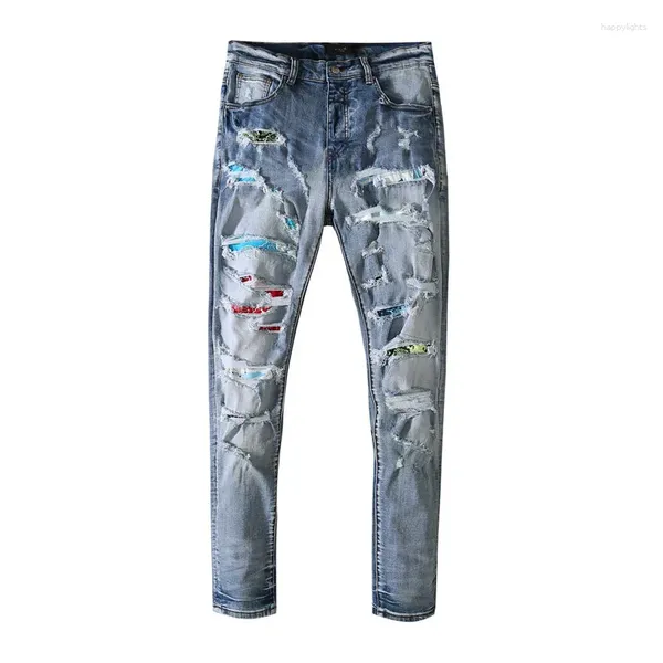 Männer Jeans Gerade Loch Zerstörung Gut Gitter Stickerei Denim Hosen Mode Designer Marke Retro Wash Baumwolle Hosen Männlich