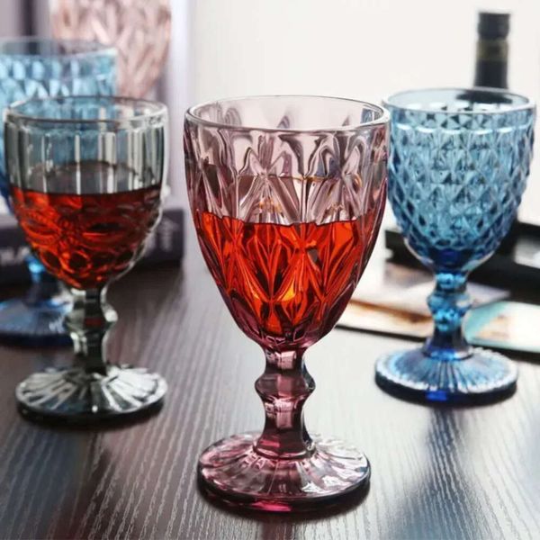 Bicchiere da vino con coda vintage in vetro dorato, bordo multicolore, vetreria, festa di nozze, verde blu, viola, rosa, calici da 10 once Fy5509 ware