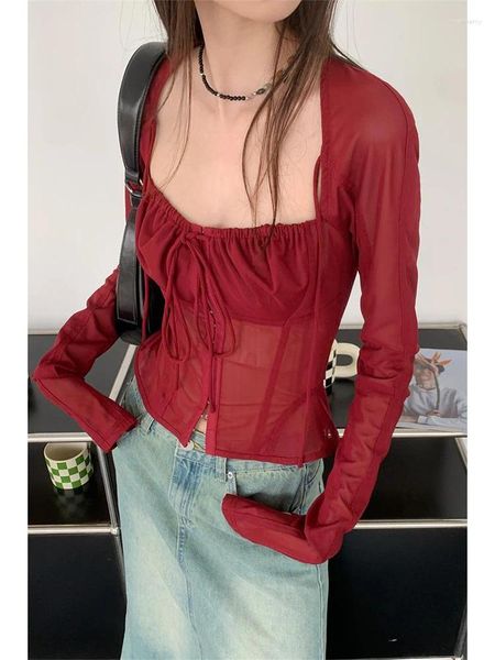 Blusas femininas mulheres camisas vermelhas de natal coreano 2000s harajuku 90s vintage elegante streetwear gola quadrada manga longa camisa roupas